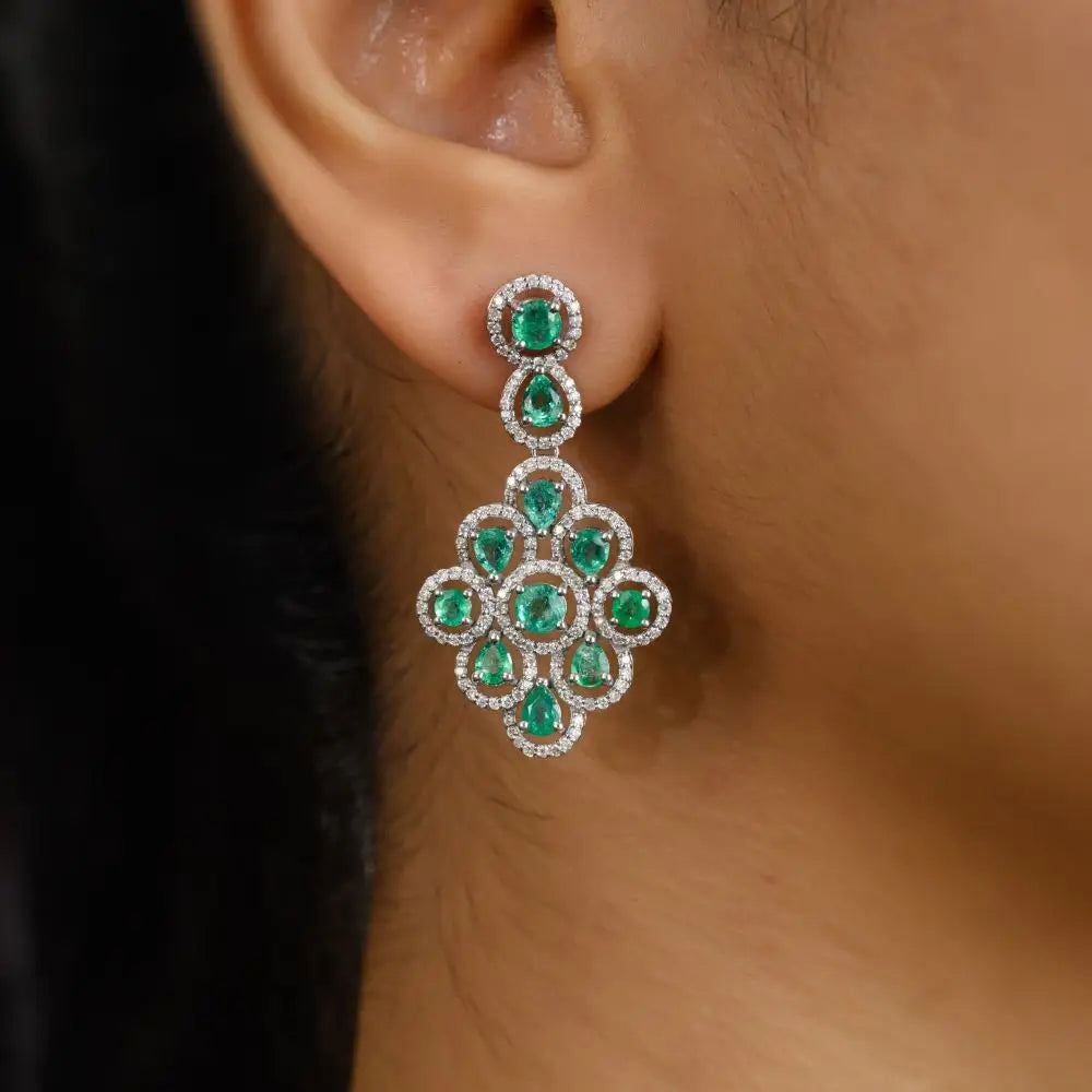 Emerald & Diamond Wedding Dangle Earrings in 14k Solid White Gold