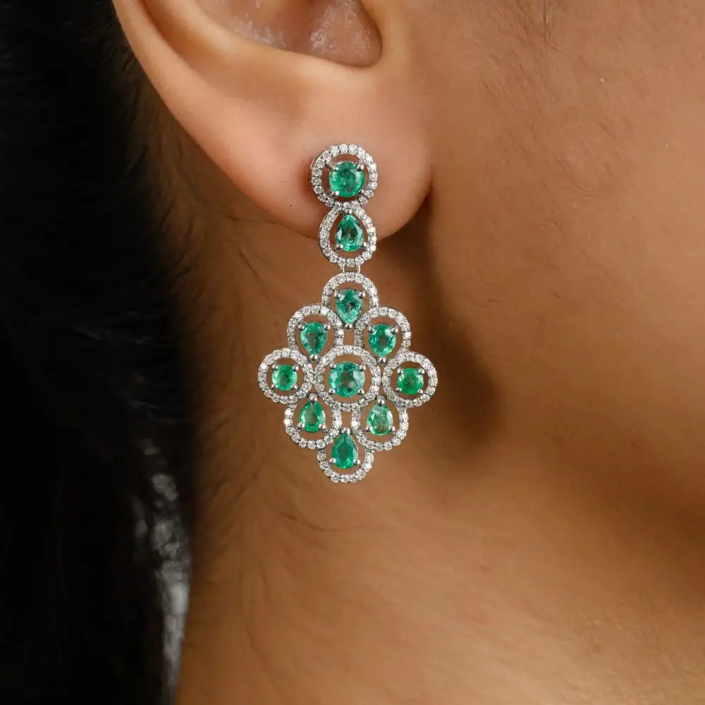 Emerald & Diamond Wedding Dangle Earrings in 14k Solid White Gold