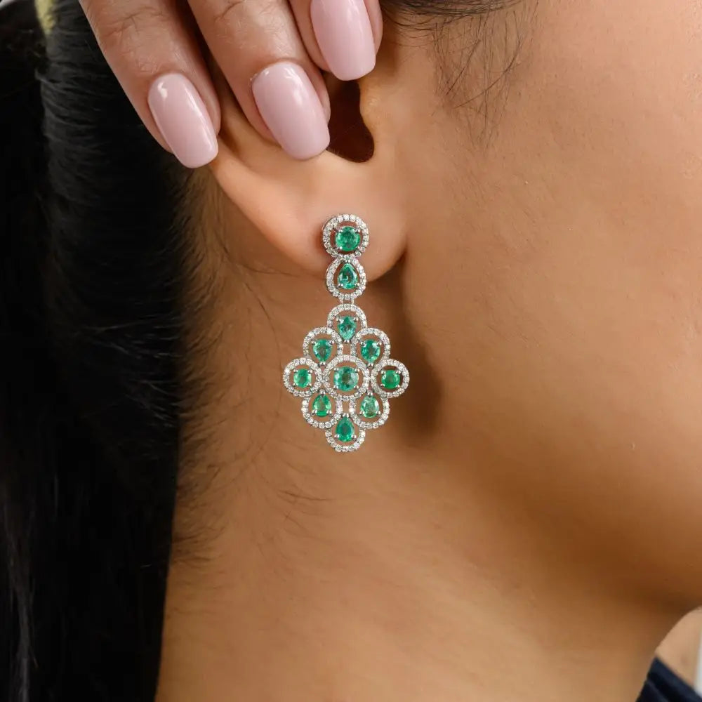 Emerald & Diamond Wedding Dangle Earrings in 14k Solid White Gold