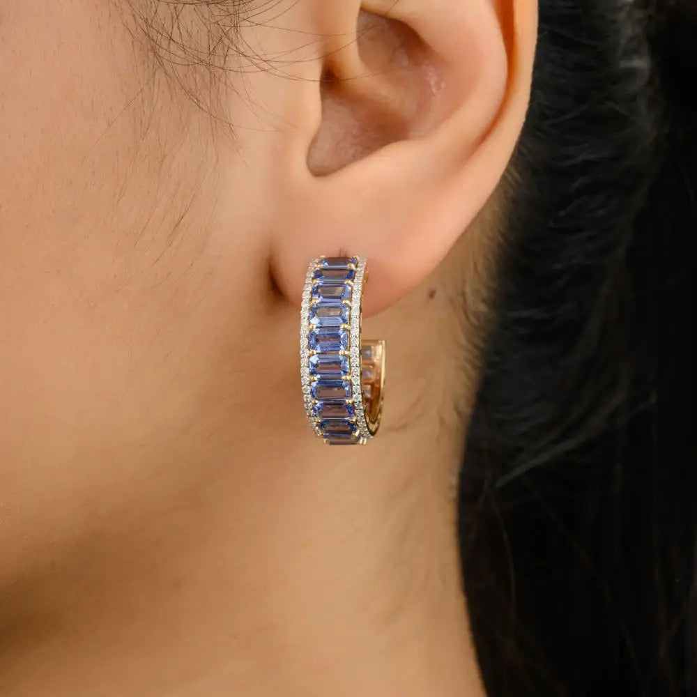 Best Quality Blue Sapphire & Diamond Wedding Hoop Earrings 18K Gold