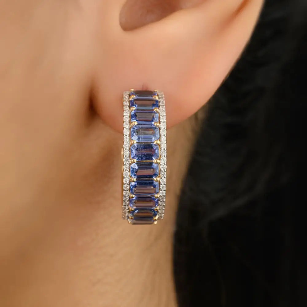 Best Quality Blue Sapphire & Diamond Wedding Hoop Earrings 18K Gold