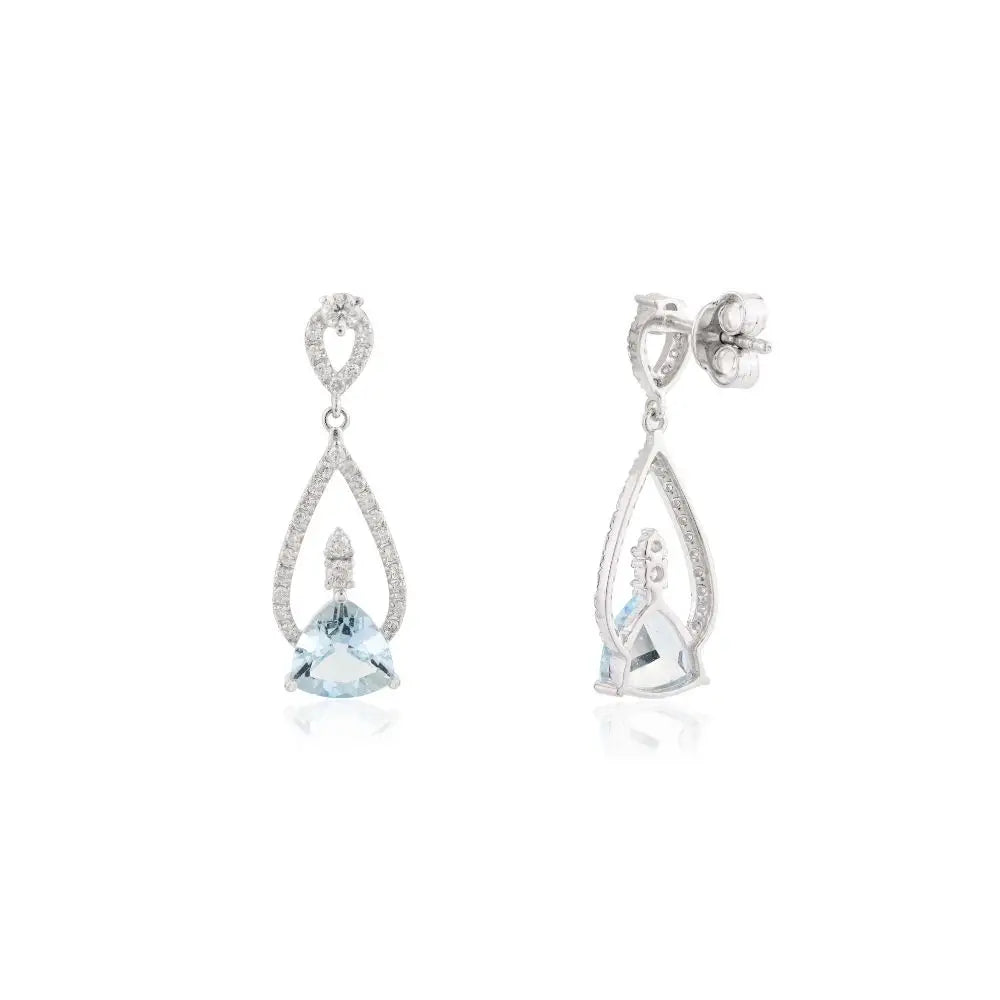 18k Solid White Gold Aquamarine & Diamond Drop Earrings For Women