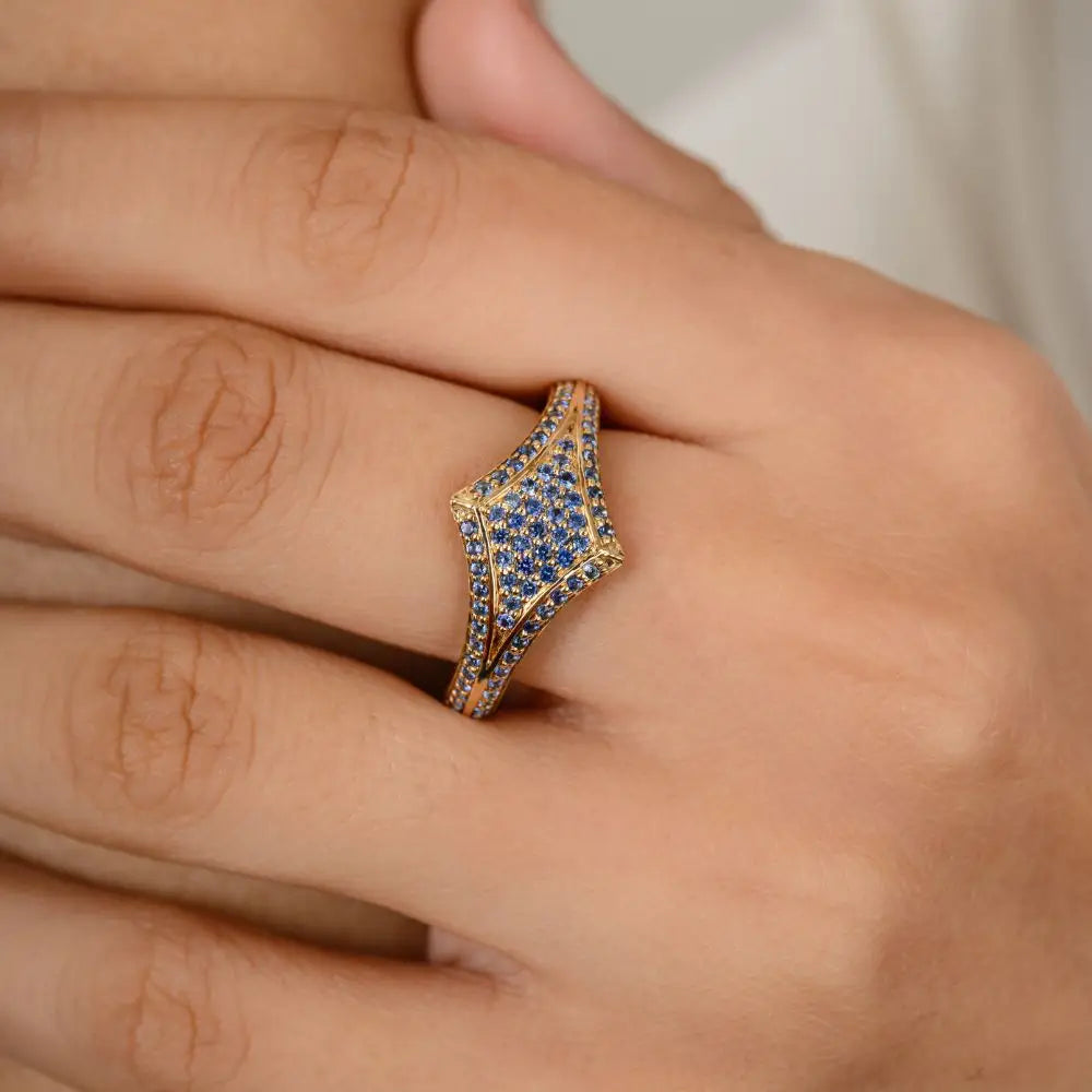 Blue Sapphire & 14k Solid Yellow Gold Wedding Ring Gold Jewelry