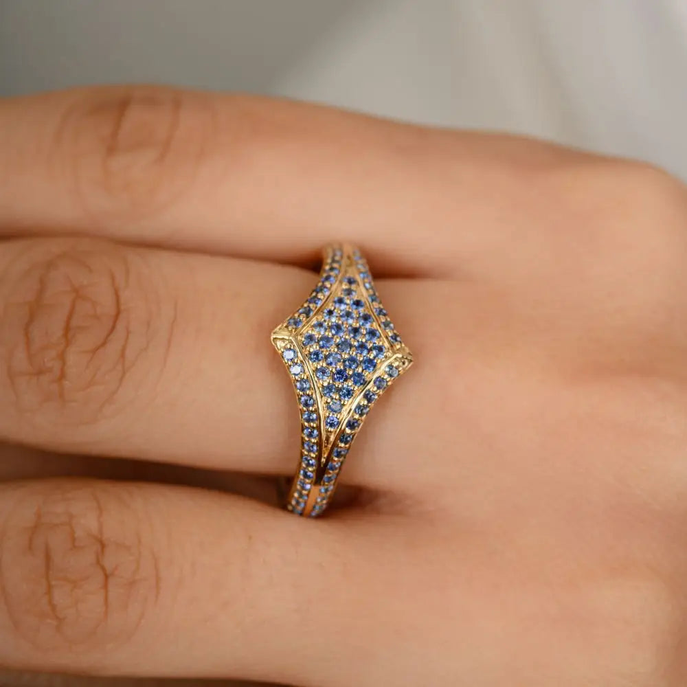 Blue Sapphire & 14k Solid Yellow Gold Wedding Ring Gold Jewelry