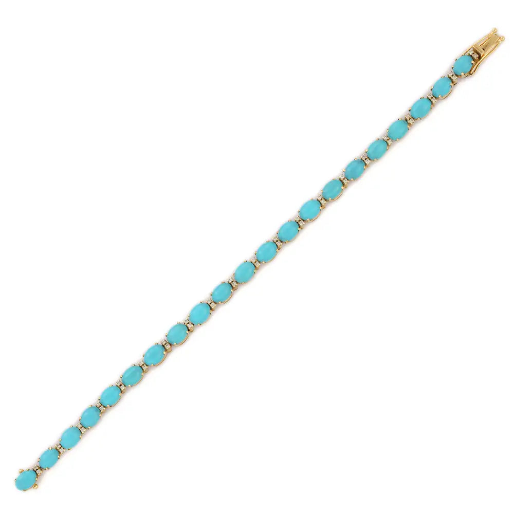Handmade Jewelry Natural Turquoise & Diamond 18K Yellow Gold Tennis Bracelet