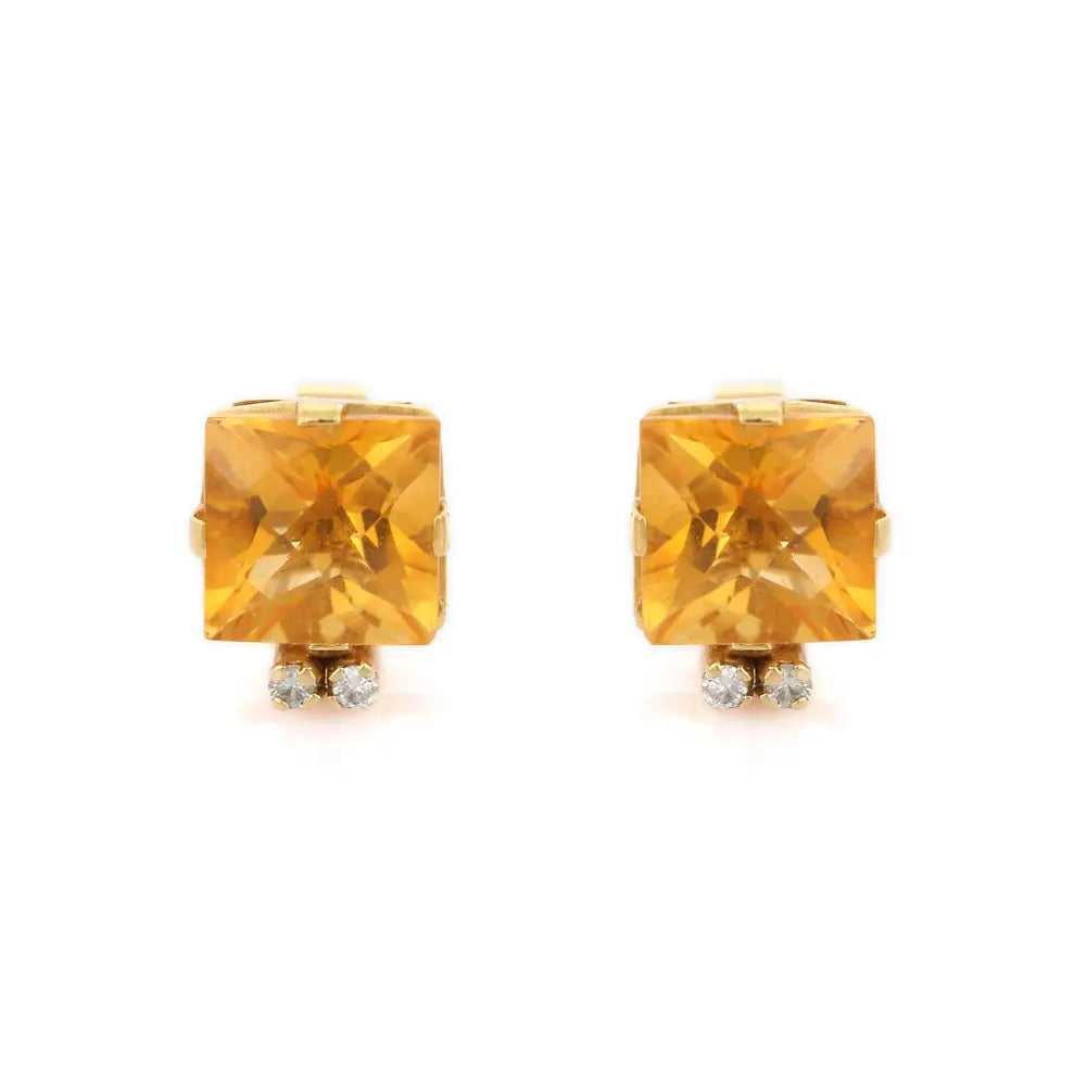 Customization Natural Citrine And Diamond 18K Solid Yellow Gold Gemstone Stud Earring