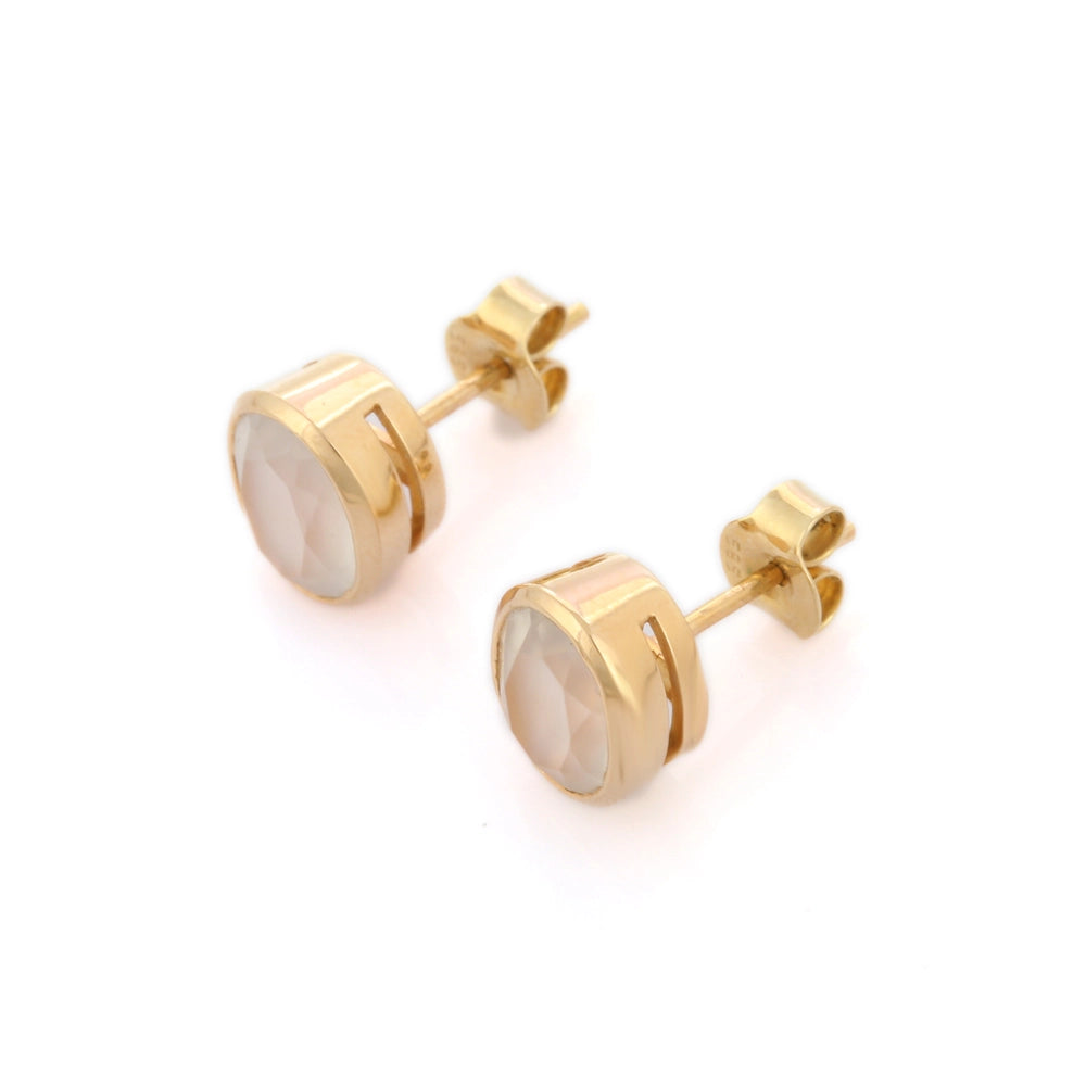 Handcrafted Natural Rainbow Moonstone 14K Fine Yellow Gold Minimal Stud Earrings