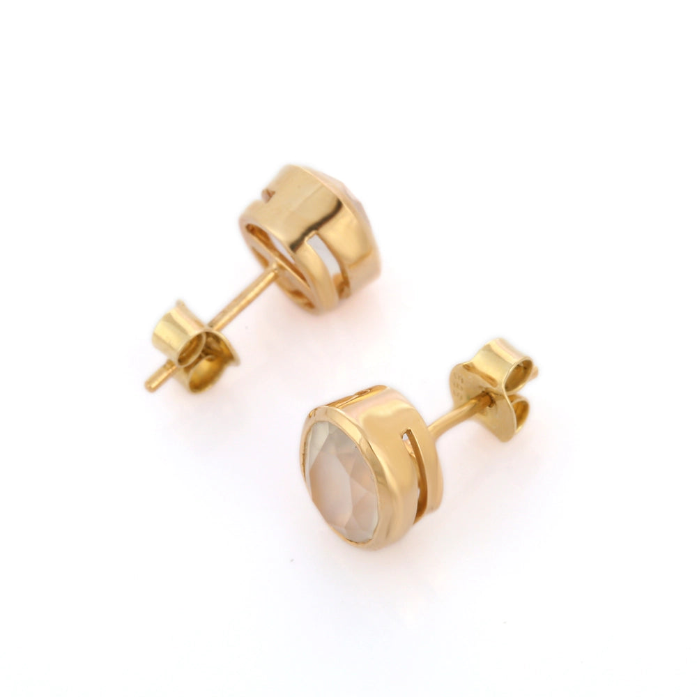 Handcrafted Natural Rainbow Moonstone 14K Fine Yellow Gold Minimal Stud Earrings
