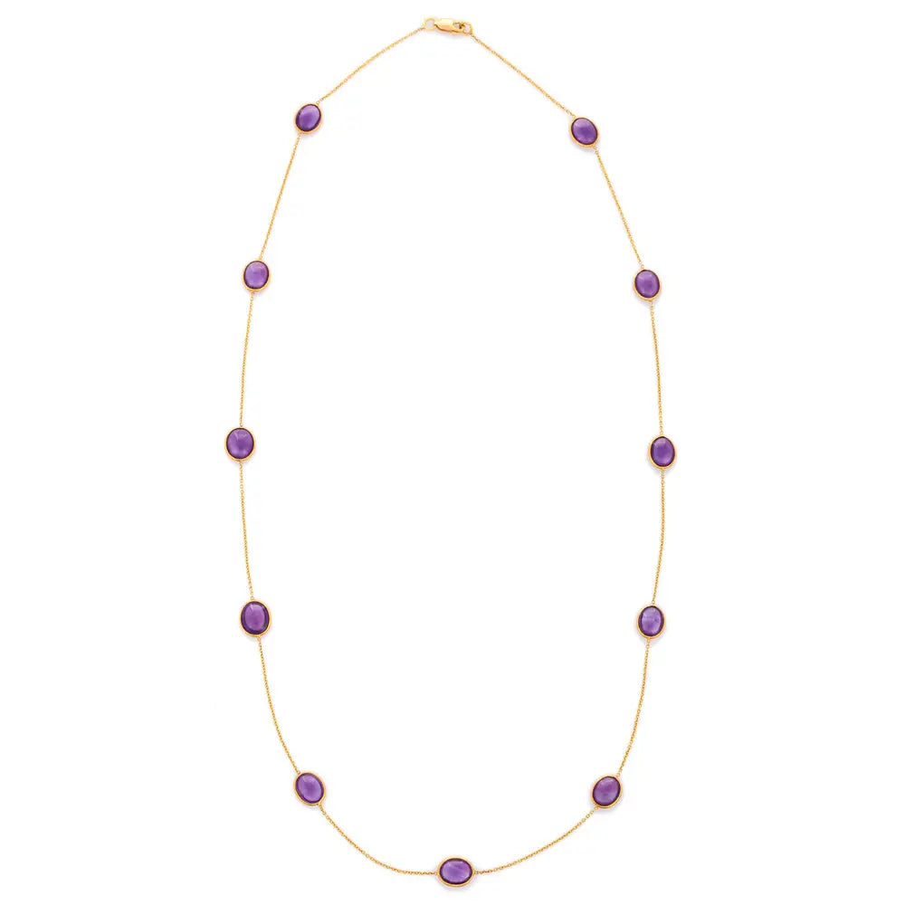 Custom Jewelry Natural Amethyst 18K Solid Yellow Gold Long Chain Gemstone Necklace
