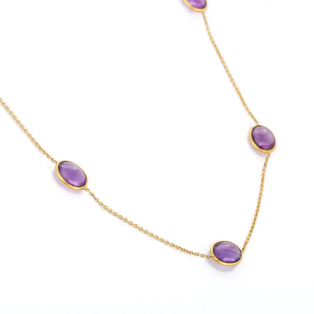 Custom Jewelry Natural Amethyst 18K Solid Yellow Gold Long Chain Gemstone Necklace
