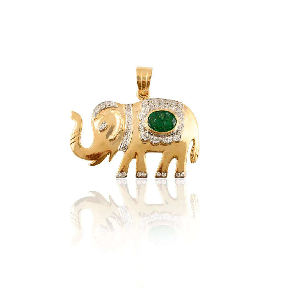 14K Solid Yellow Gold Emerald & Diamond Elephant Pendant Minimal Jewelry