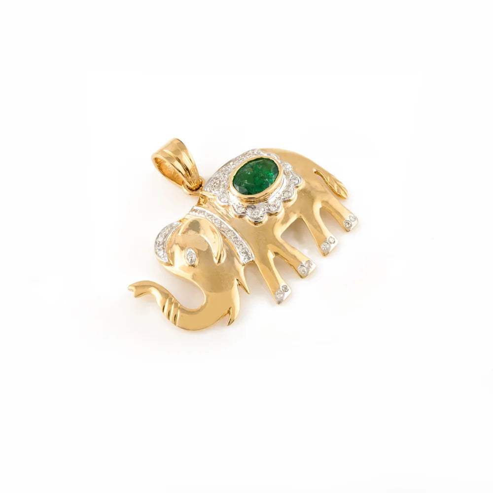 14K Solid Yellow Gold Emerald & Diamond Elephant Pendant Minimal Jewelry