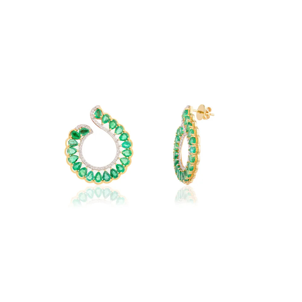 100% Natural Pear Shape Emerald & Round Diamond Solid 14K Yellow Gold Earrings