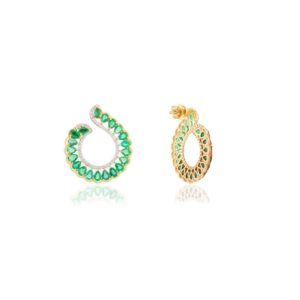 100% Natural Pear Shape Emerald & Round Diamond Solid 14K Yellow Gold Earrings