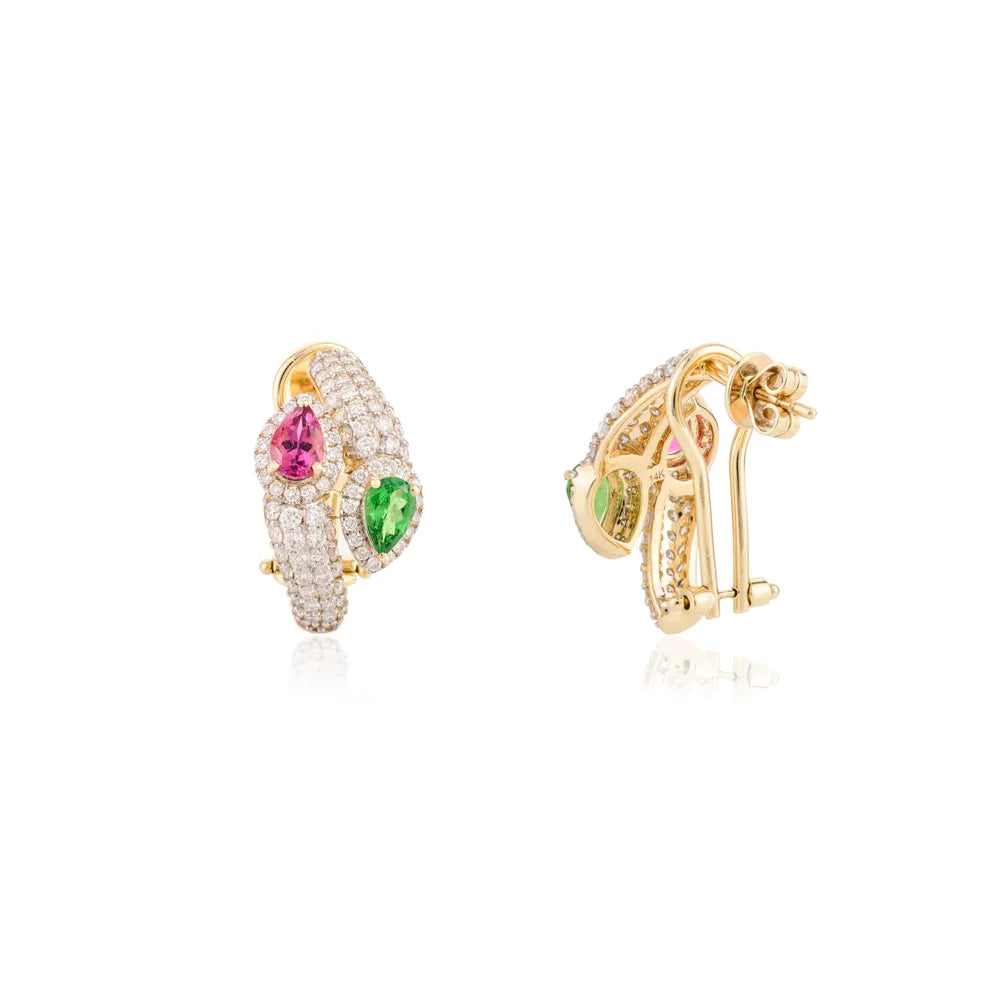14K Solid Yellow Gold Rubellite, Tourmaline & Diamond Handmade Earrings