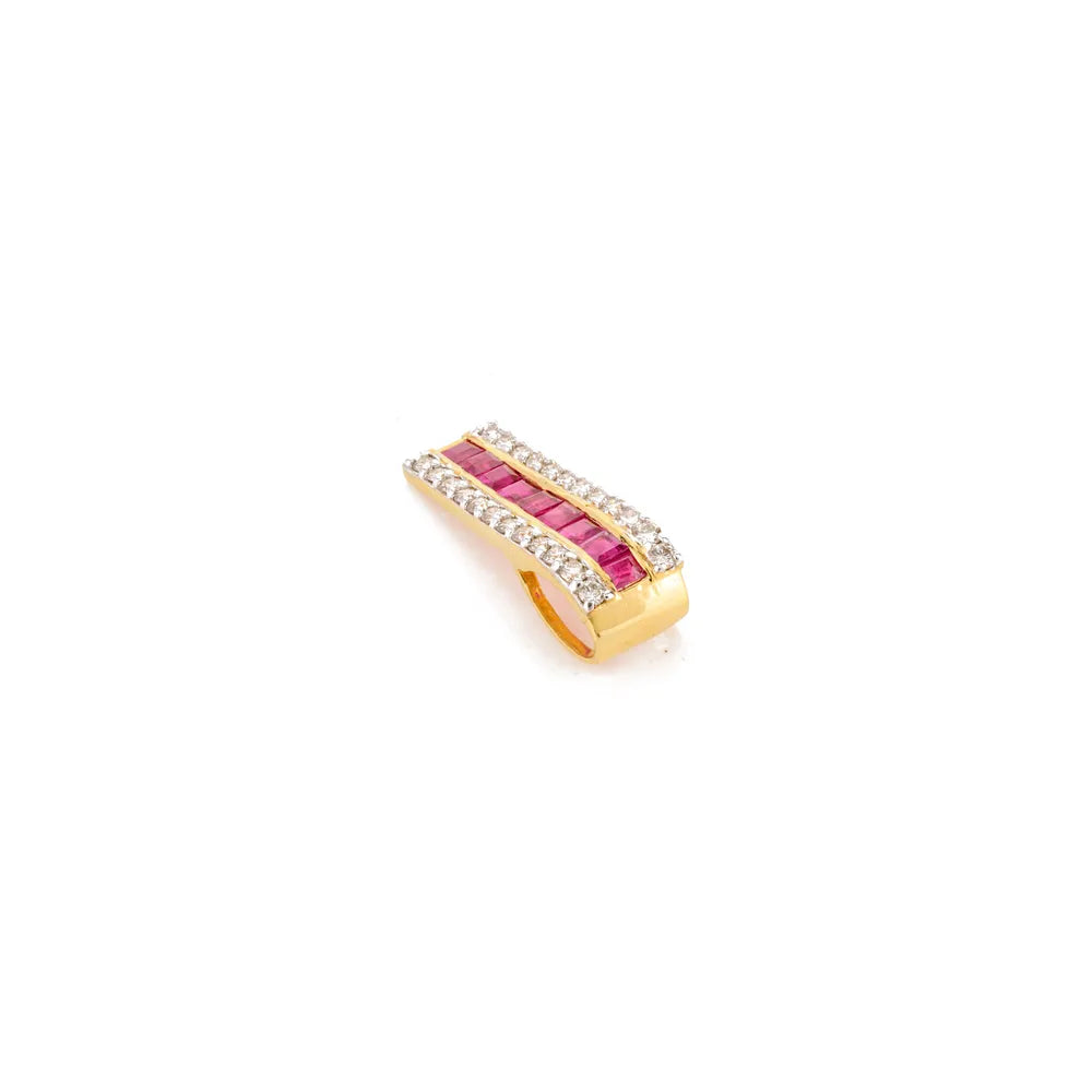 Handcrafted Square Cut Ruby & Halo Diamond 14k Solid Yellow Gold Bar Pendant