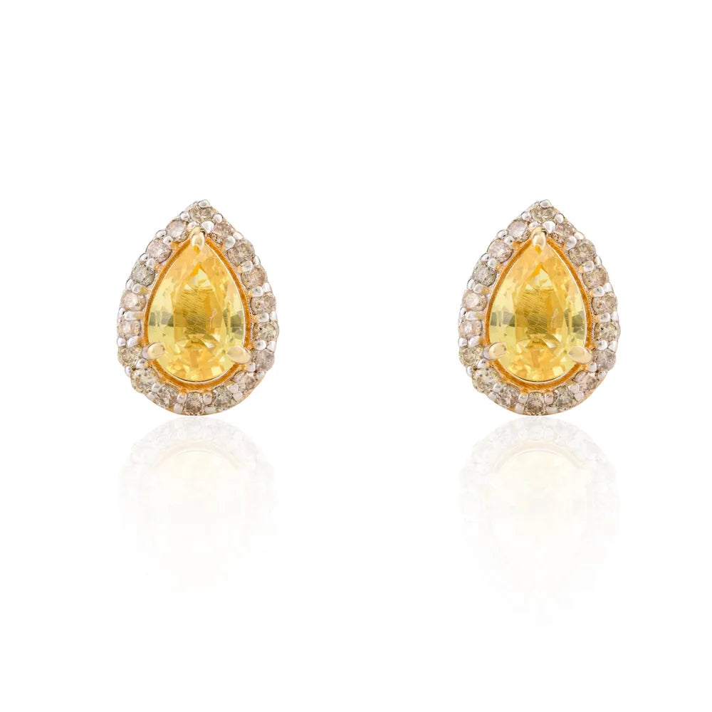 Customized Jewelry Natural Yellow Sapphire & Diamond 18K Solid Yellow Gold Stud Earrings