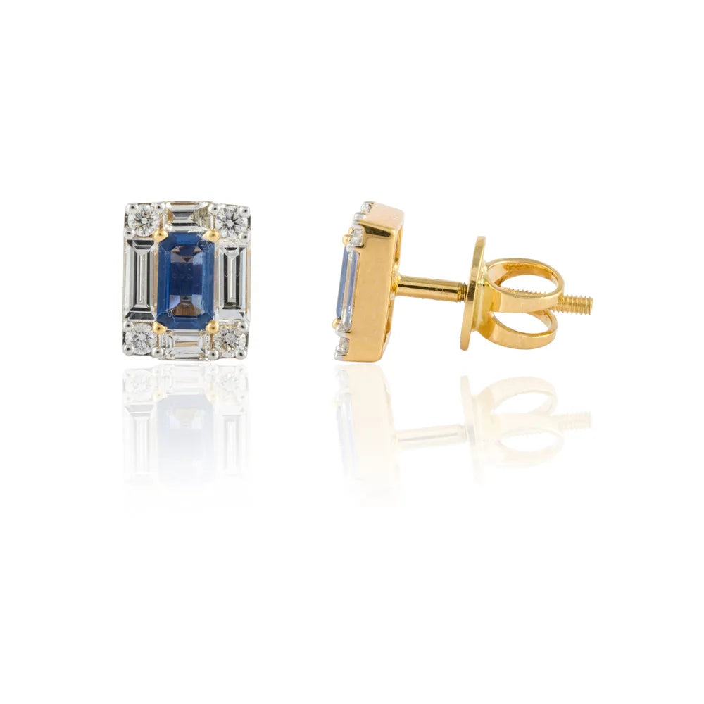 Natural Blue Sapphire & Diamond 18K Solid Yellow Gold Minimal Stud Earring
