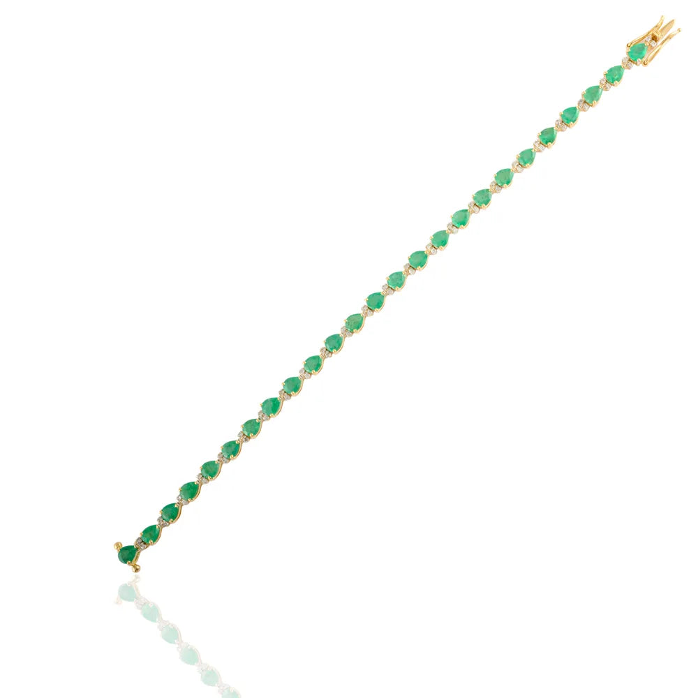 Handmade Jewelry Natural Emerald & Diamond 18K Solid Yellow Gold Tennis Bracelet