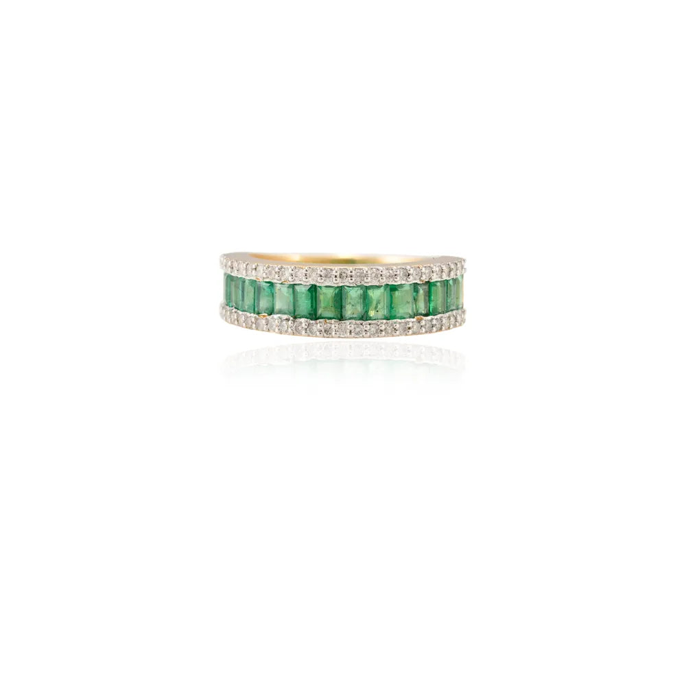 100% Authentic Natural Emerald & Diamond 18K Fine Yellow Gold Half Eternity Band Ring