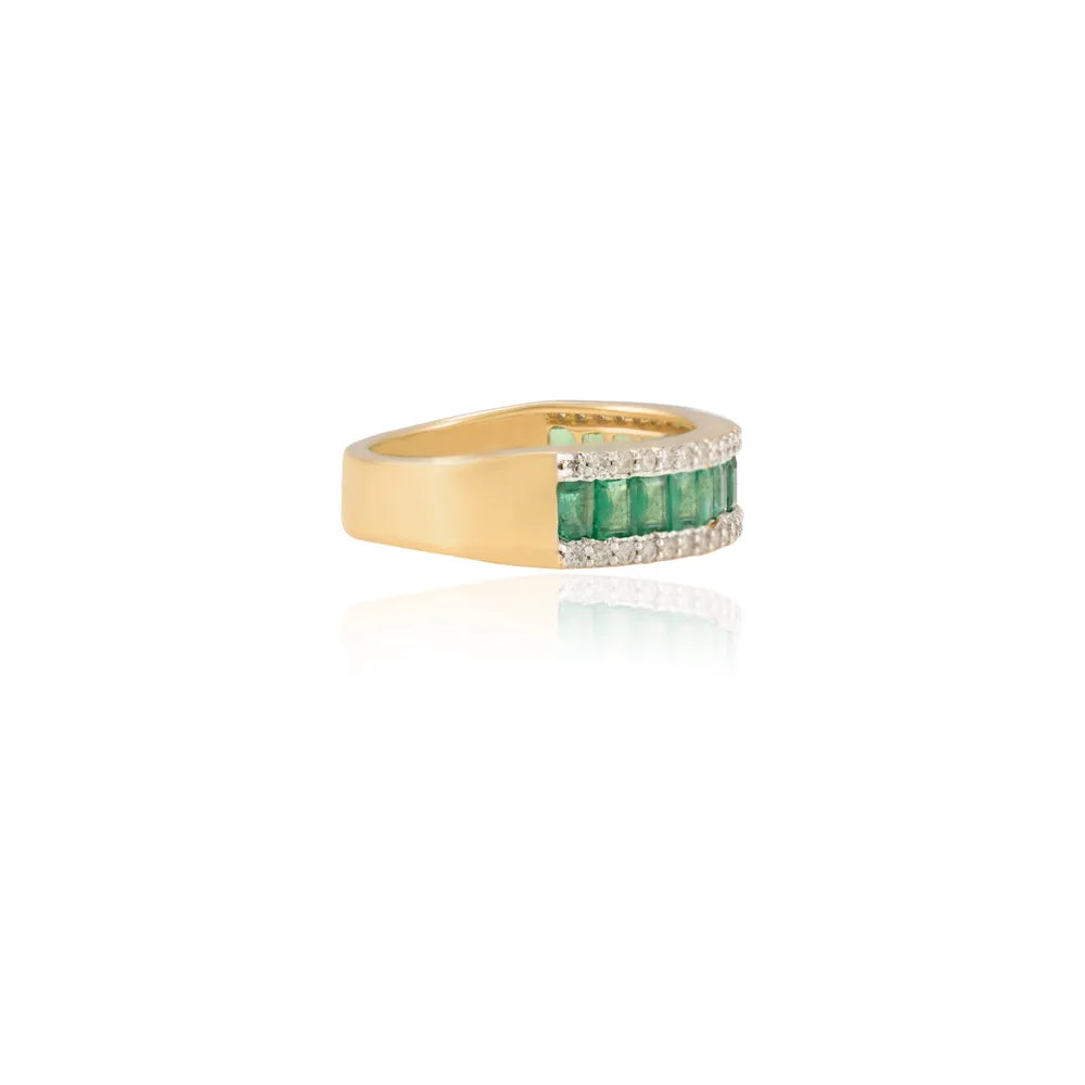 100% Authentic Natural Emerald & Diamond 18K Fine Yellow Gold Half Eternity Band Ring