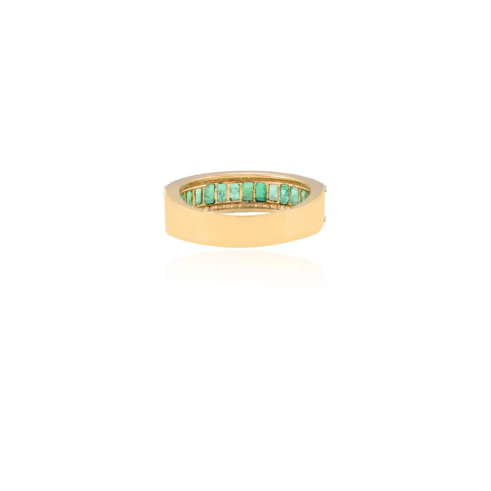 100% Authentic Natural Emerald & Diamond 18K Fine Yellow Gold Half Eternity Band Ring
