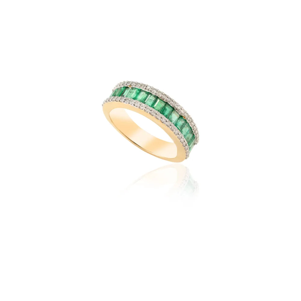 100% Authentic Natural Emerald & Diamond 18K Fine Yellow Gold Half Eternity Band Ring
