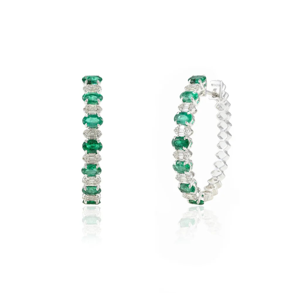 Trending Jewelry Natural Emerald & Diamond 18K Solid White Gold Hoop Earring