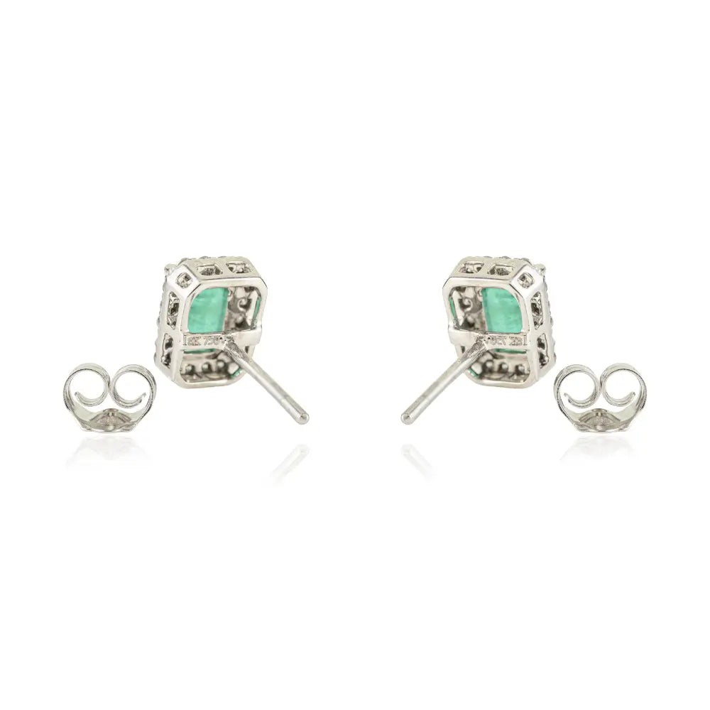 18K Real White Gold Emerald & Diamond Halo Cluster Stud Earrings Everyday Women Jewelry
