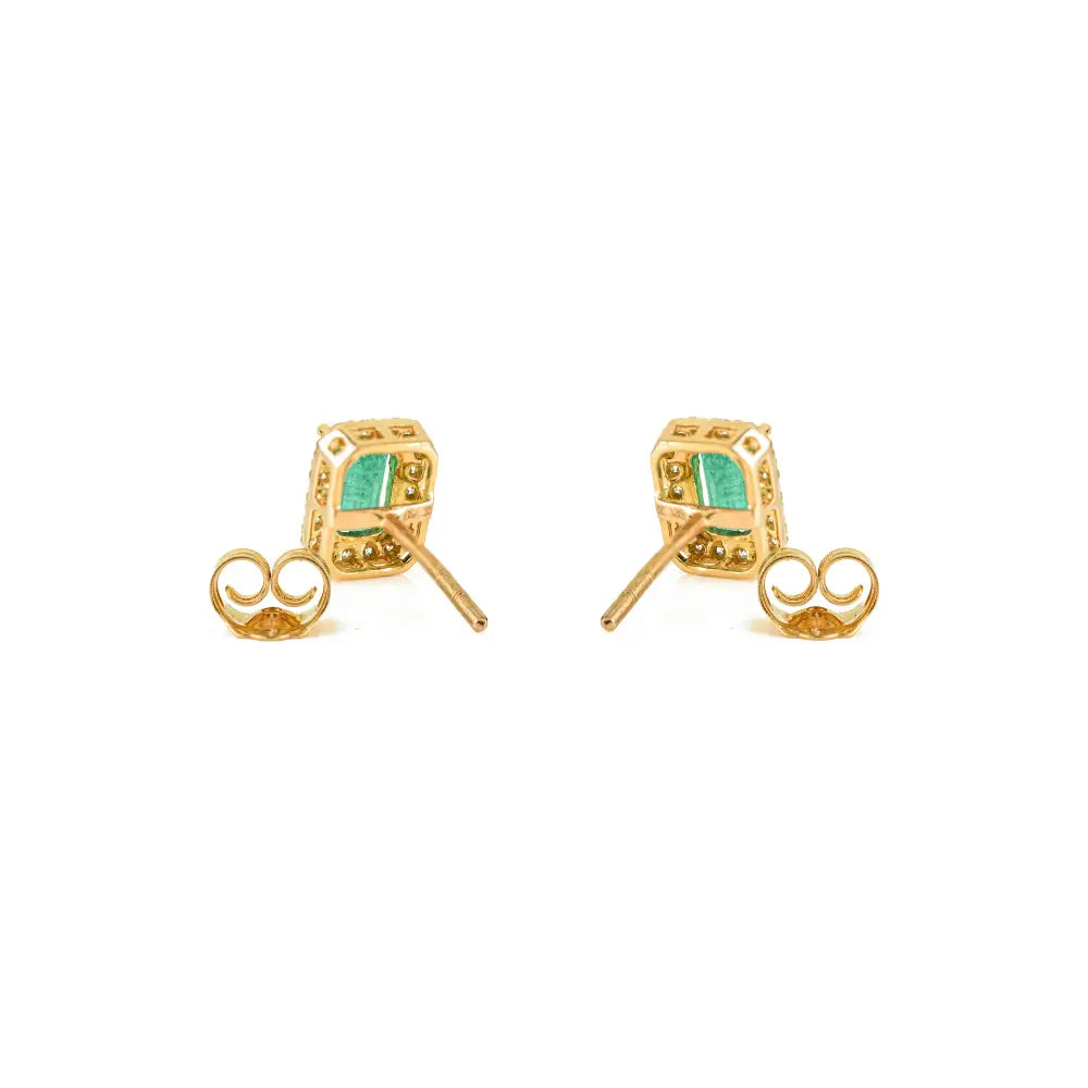Octagon Shape Emerald & Round Shape Diamond Push Back Cluster Stud Earrings 18K Gold