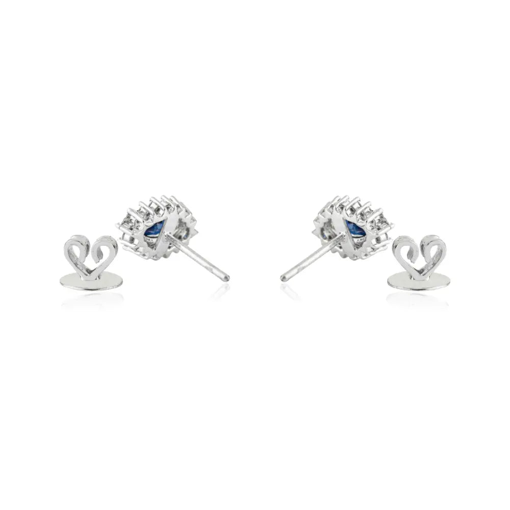 Marquise Shape Blue Sapphire & Diamond 14K Real White Gold Cluster Stud Earrings
