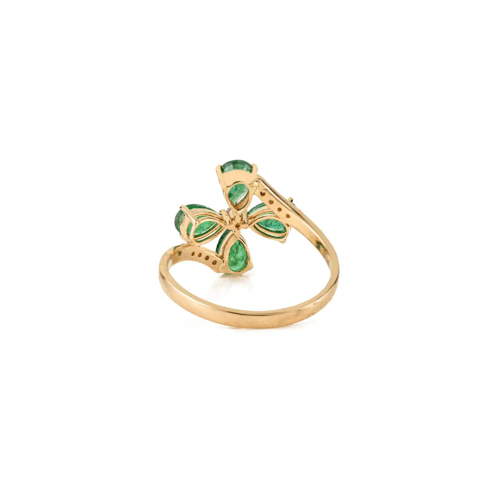 Unique Design Emerald & Diamond 14K Solid Yellow Gold Floral Statement Ring For Wedding