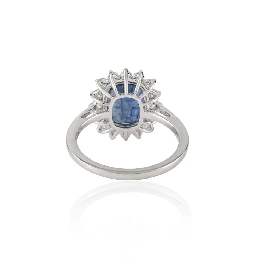 Top Quality 14K Real White Gold Blue Sapphire & Diamond Cluster Engagement Ring Women