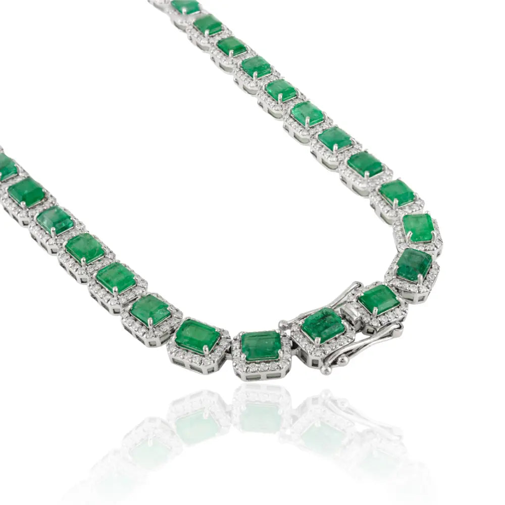 Real Gemstone Emerald & Diamond Halo Tennis Necklace K14 White Gold Statement Jewelry