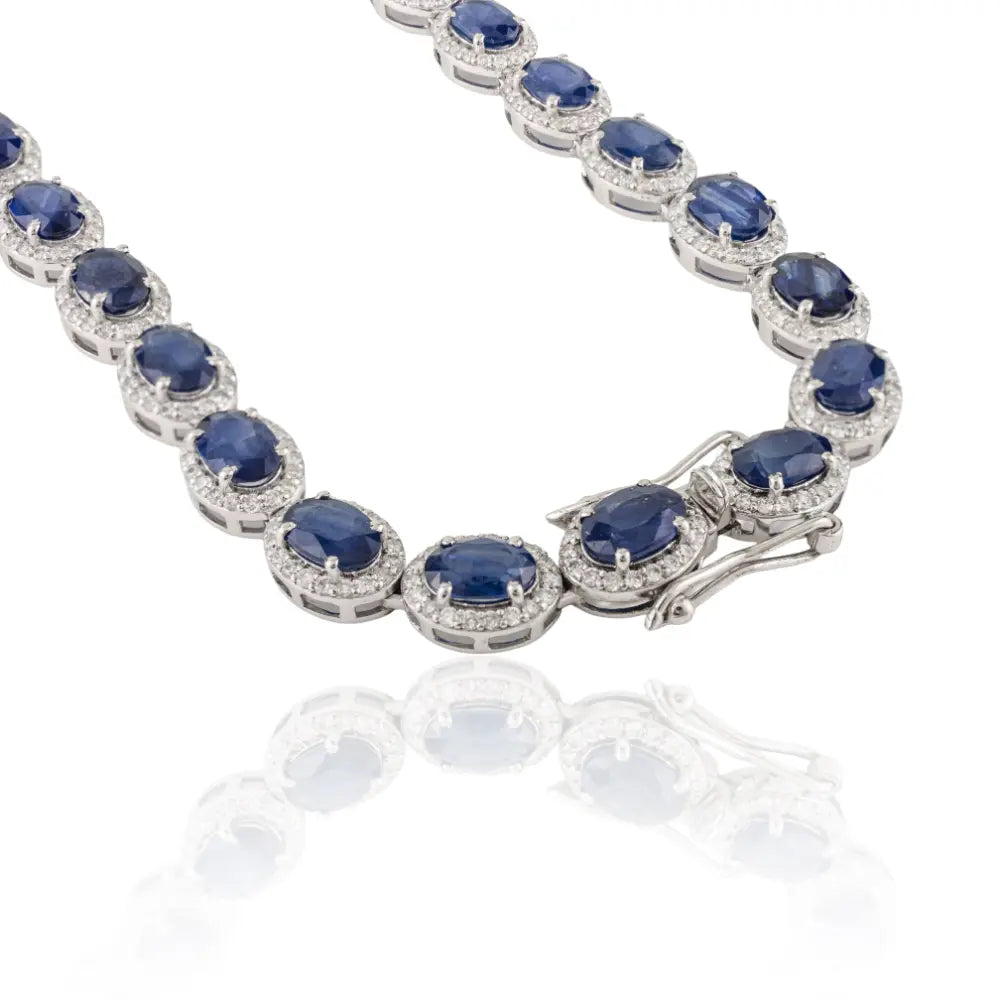 Exclusive Jewelry Statement Blue Sapphire & Diamond 14K White Gold Halo Tennis Necklace