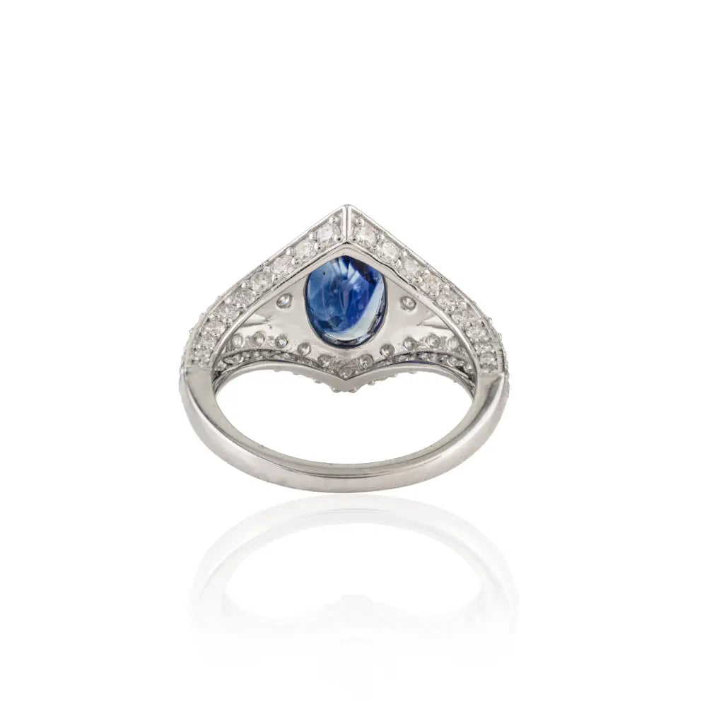 Vintage Inspired Blue Sapphire & Diamond 14K Solid White Gold Statement Ring For Wedding