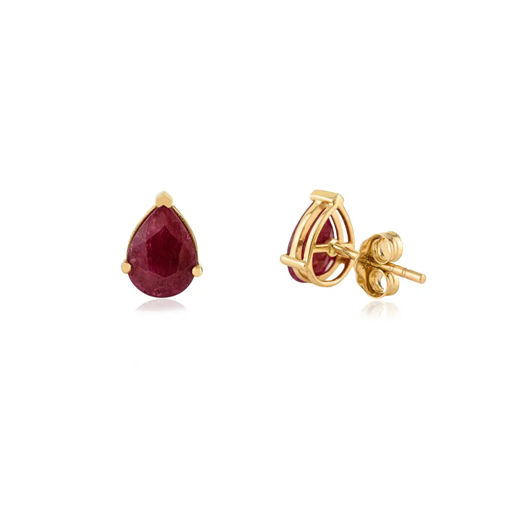 Pear Shape Ruby Single Stone Stud Earrings 14K Yellow Gold Valentine's Day Gift Jewelry