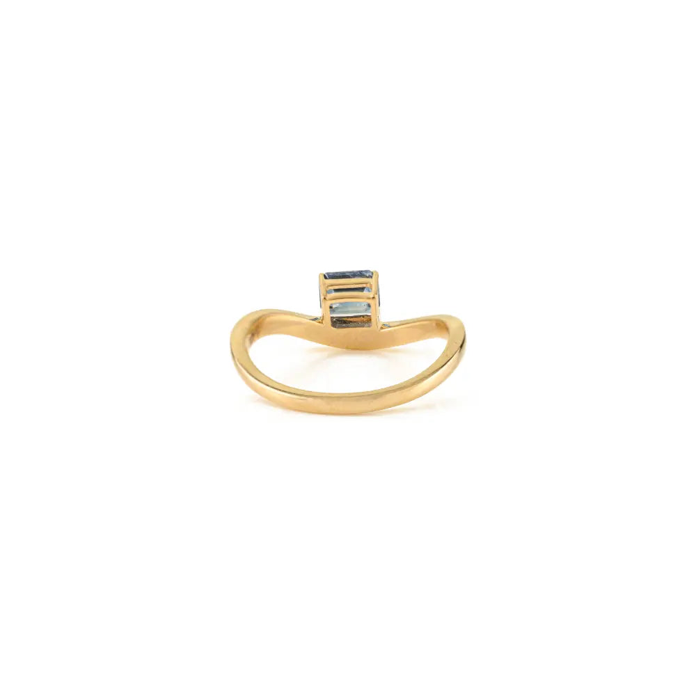 Dainty Simple Design Blue Sapphire Prong Set Wavy Band Ring 14K Real Yellow Gold Jewelry