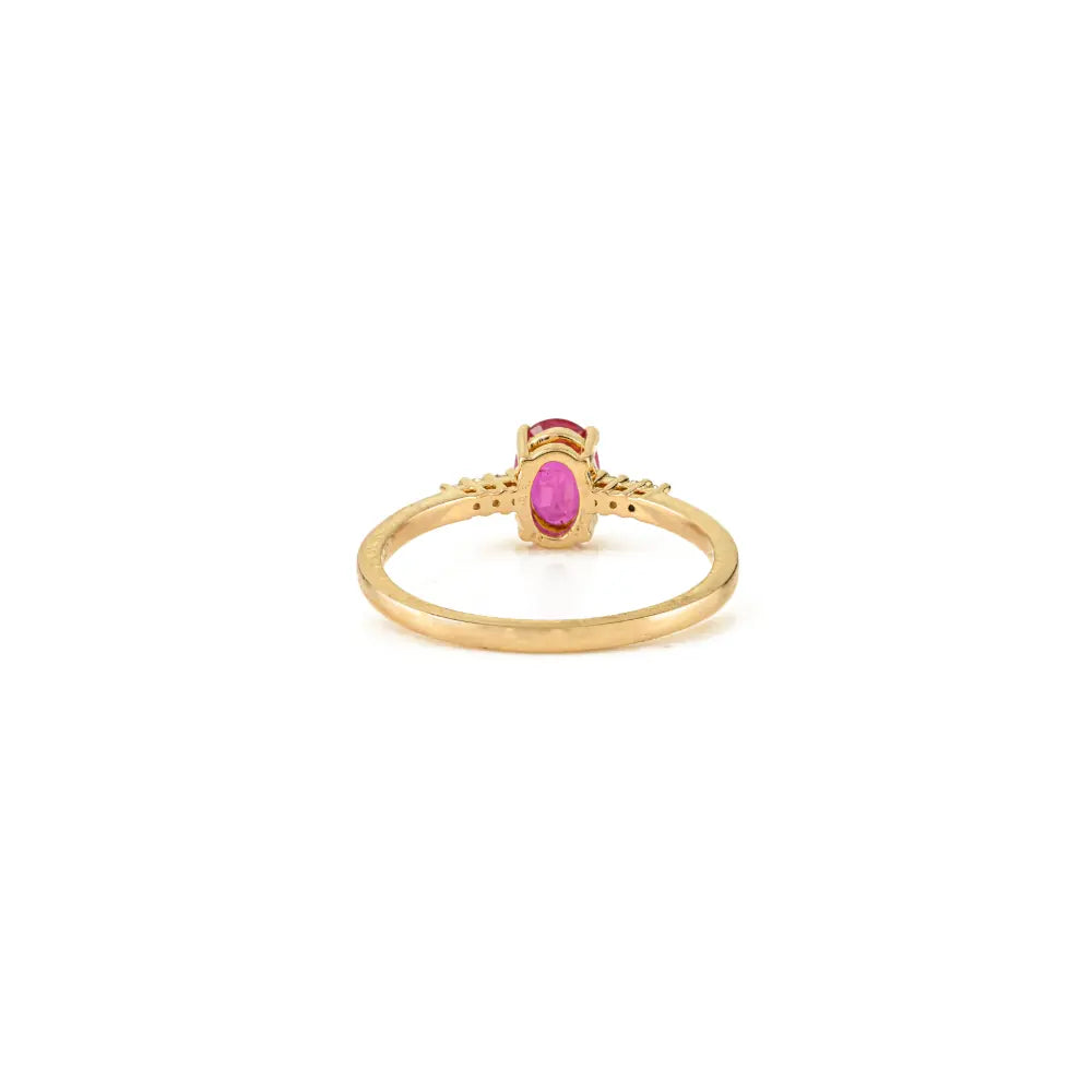 Oval Shape Ruby & Round Cut Diamond Simple Design Engagement Ring 14K Yellow Gold