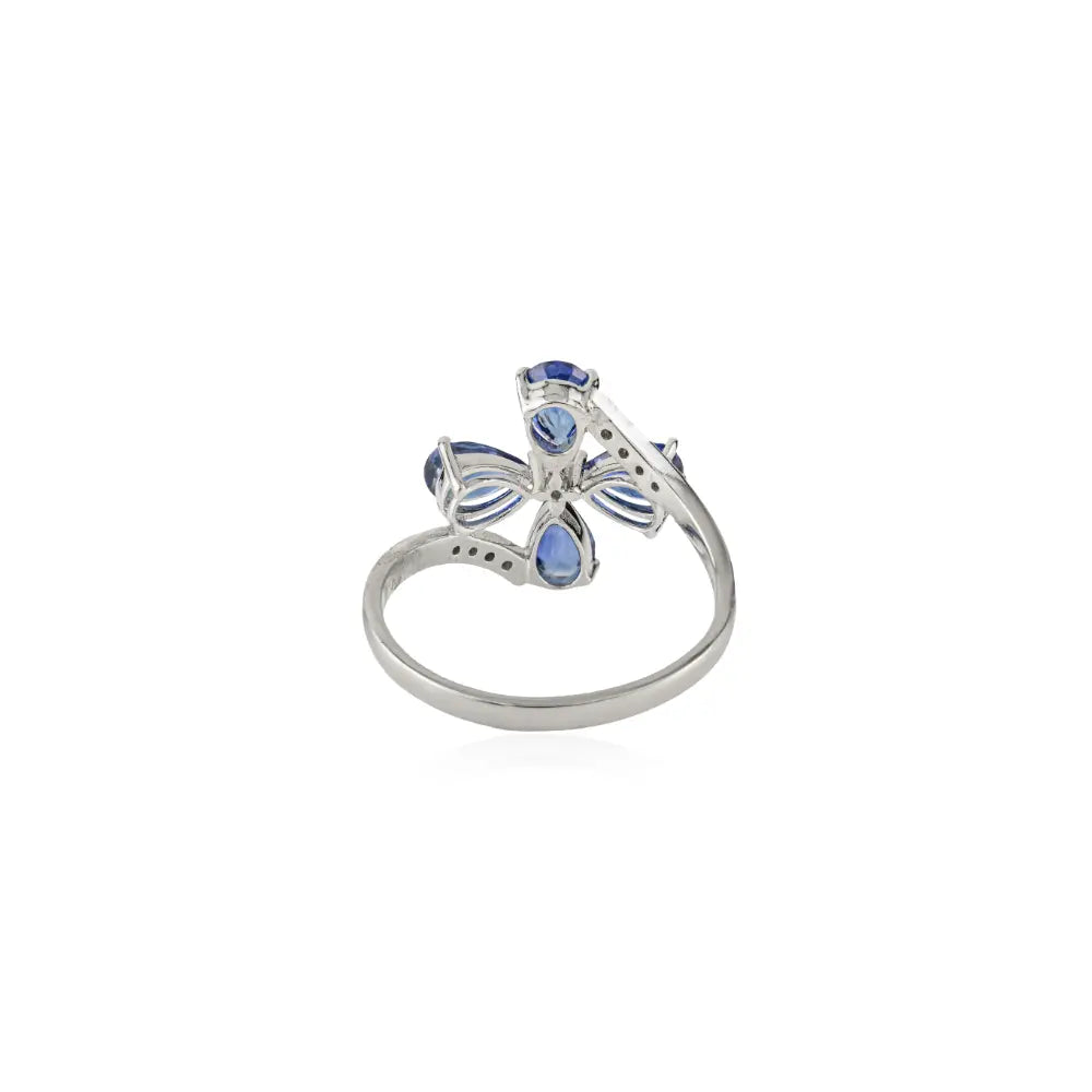 Unique Design 14K Real White Gold Blue Sapphire & Diamond Fine Flower Ring For Wedding