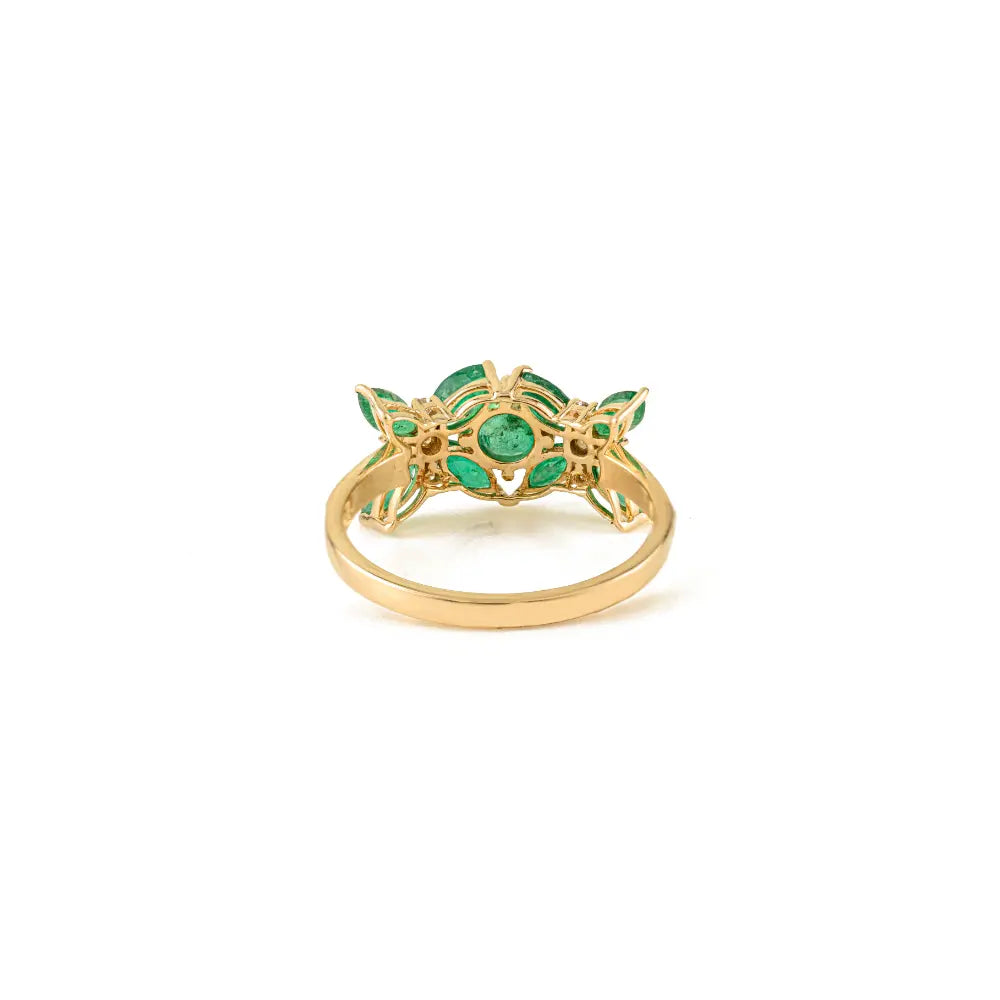 New Designer Flower Ring Featuring Emerald & Diamond Wedding Jewelry 14K Yellow Gold