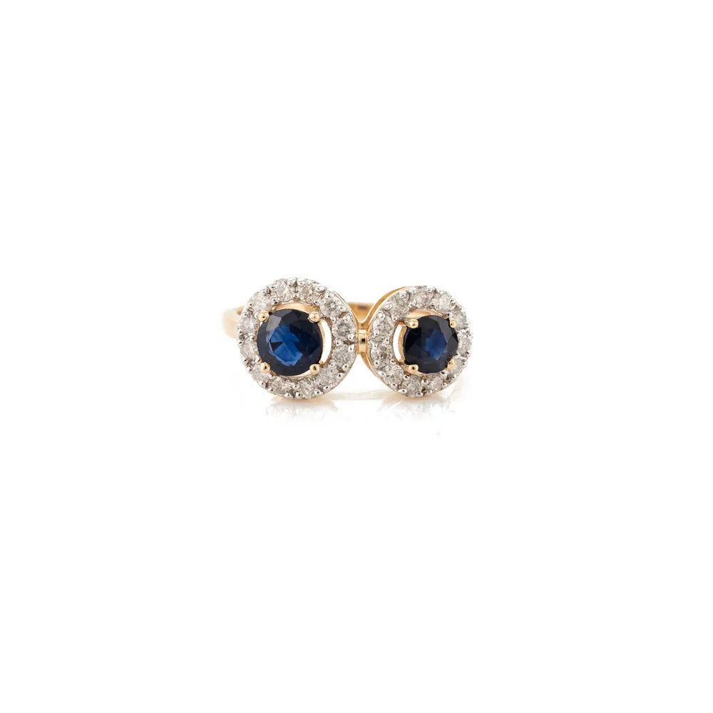 Natural Round Shape Blue Sapphire & Diamond 18K Yellow Gold Two Stone Ring