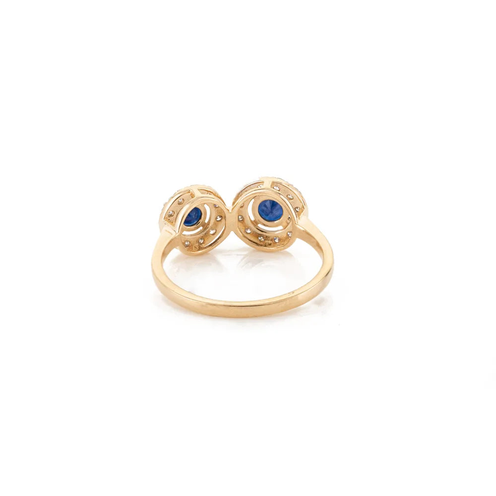 Natural Round Shape Blue Sapphire & Diamond 18K Yellow Gold Two Stone Ring