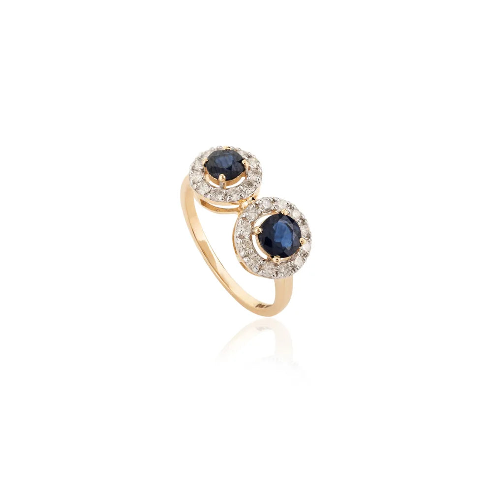 Natural Round Shape Blue Sapphire & Diamond 18K Yellow Gold Two Stone Ring