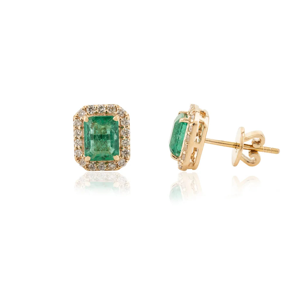 18K Yellow Gold Emerald & Diamond Stud Earring Custom Jewelry