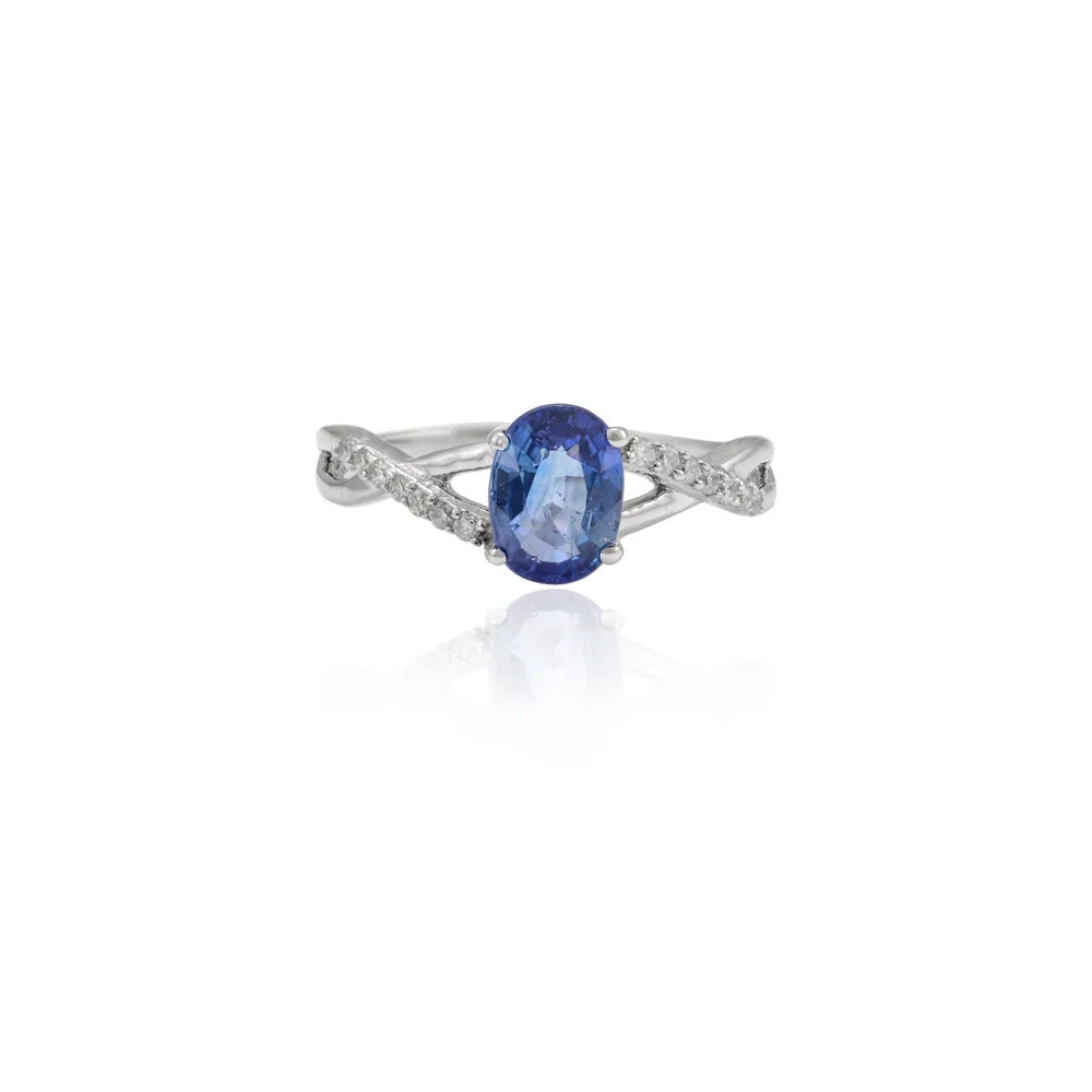 Precious Gemstone Natural Blue Sapphire & Diamond 14K White Gold Engagement Ring