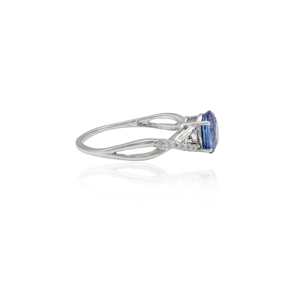Precious Gemstone Natural Blue Sapphire & Diamond 14K White Gold Engagement Ring
