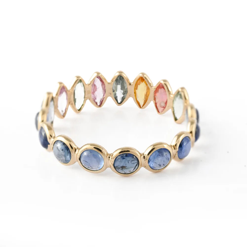 Natural Precious Stone Half Multi Sapphire & Half Blue Sapphire 14K Solid Yellow Gold Stacking Band Ring
