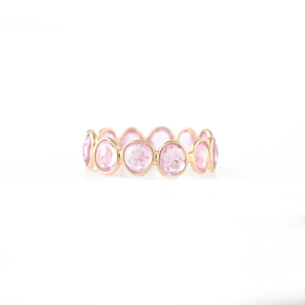 Natural Precious Stone Pink Sapphire Gemstone 18K Yellow Gold Full Eternity Band Ring