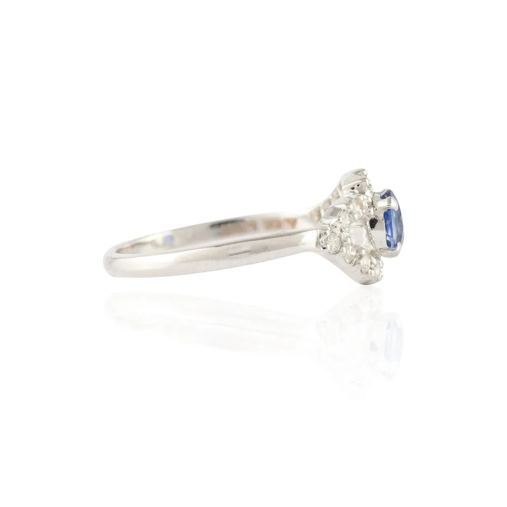 Natural Precious Stone Blue Sapphire & Diamond 14K Solid White Gold Gemstone Ring